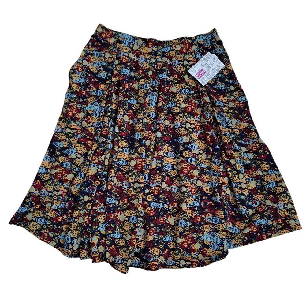 Lularoe Women's Madison Blue Yellow Flare Pockets Modest Work Skirt Sz Medium